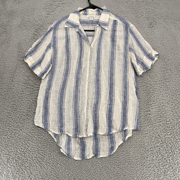 Sundance Tops - Sundance 100% Linen Shirt Womens Small Blue White Stripe Button Front Top Hi-Lo